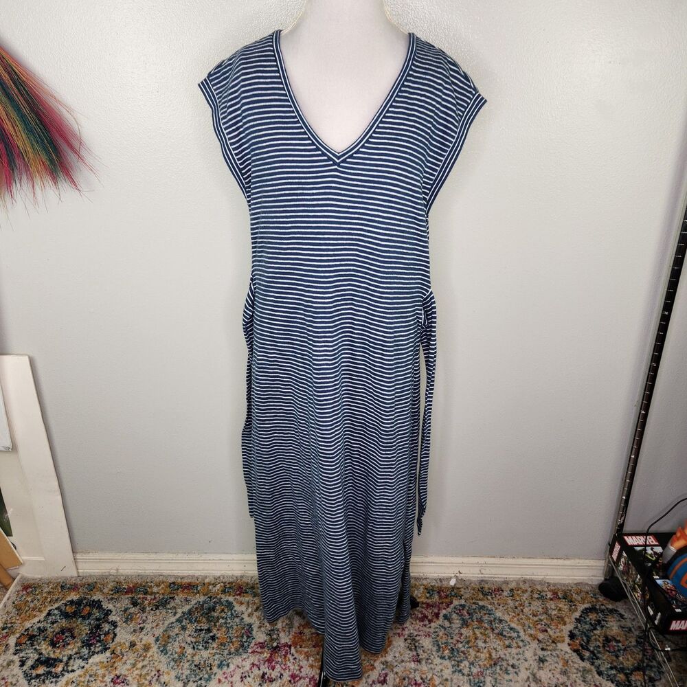 LOFT Blue & White Stripe Cap Sleeve Tie Waist Split Side Maxi Dress Size XL - Picture 5 of 11